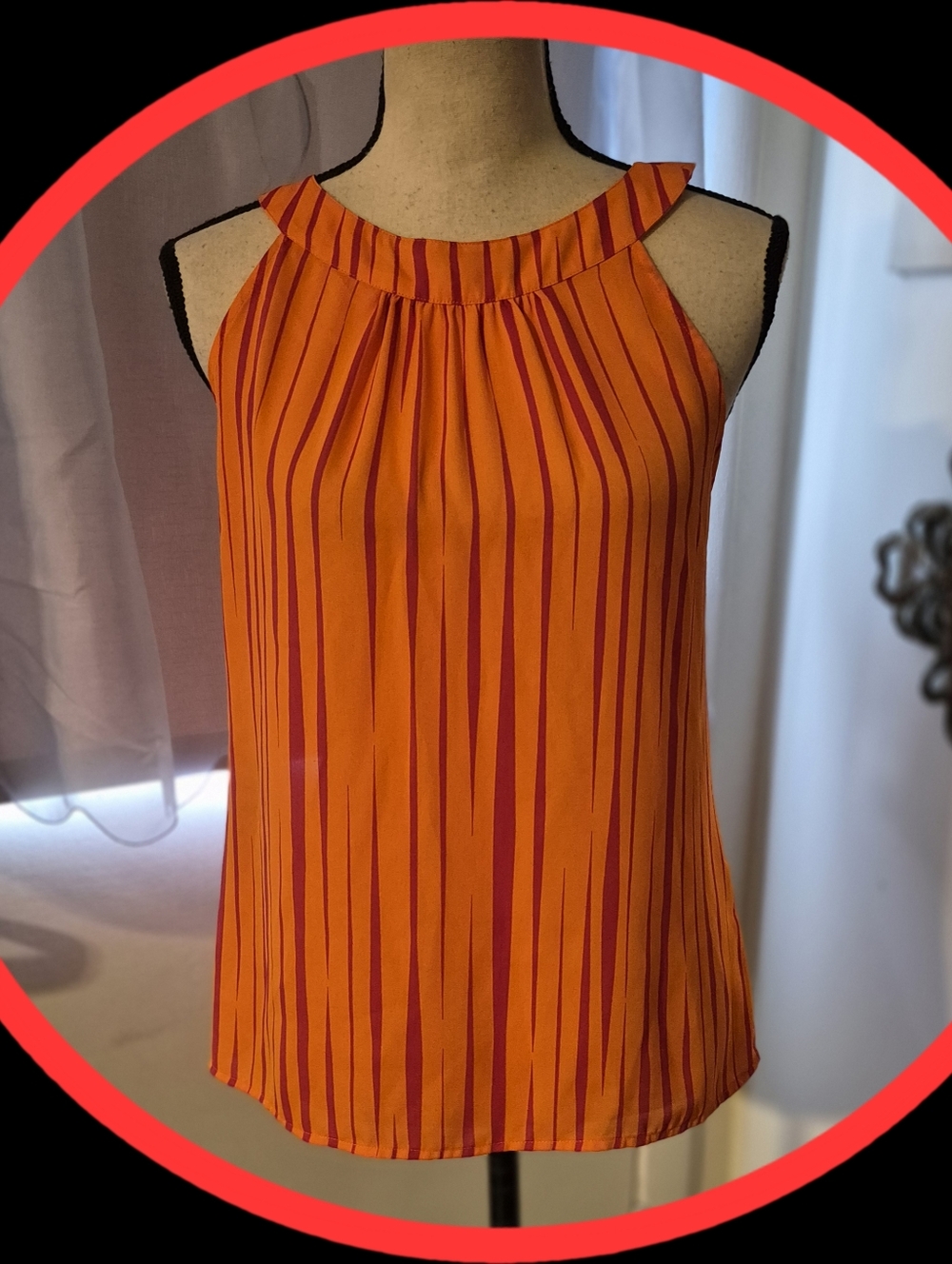 Banana Republic Bold Orange/Pink Vertical Striped Pleated Halter Nekline Top